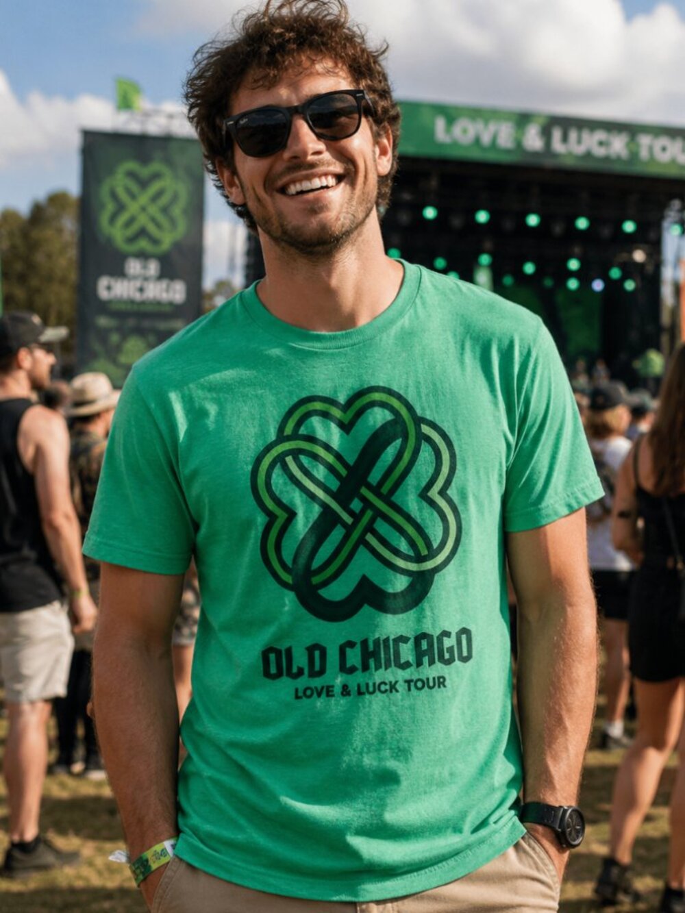 Old Chicago Pizza Green Graphic Tee Love & Luck Tour Size M Softstyle Gorpcore